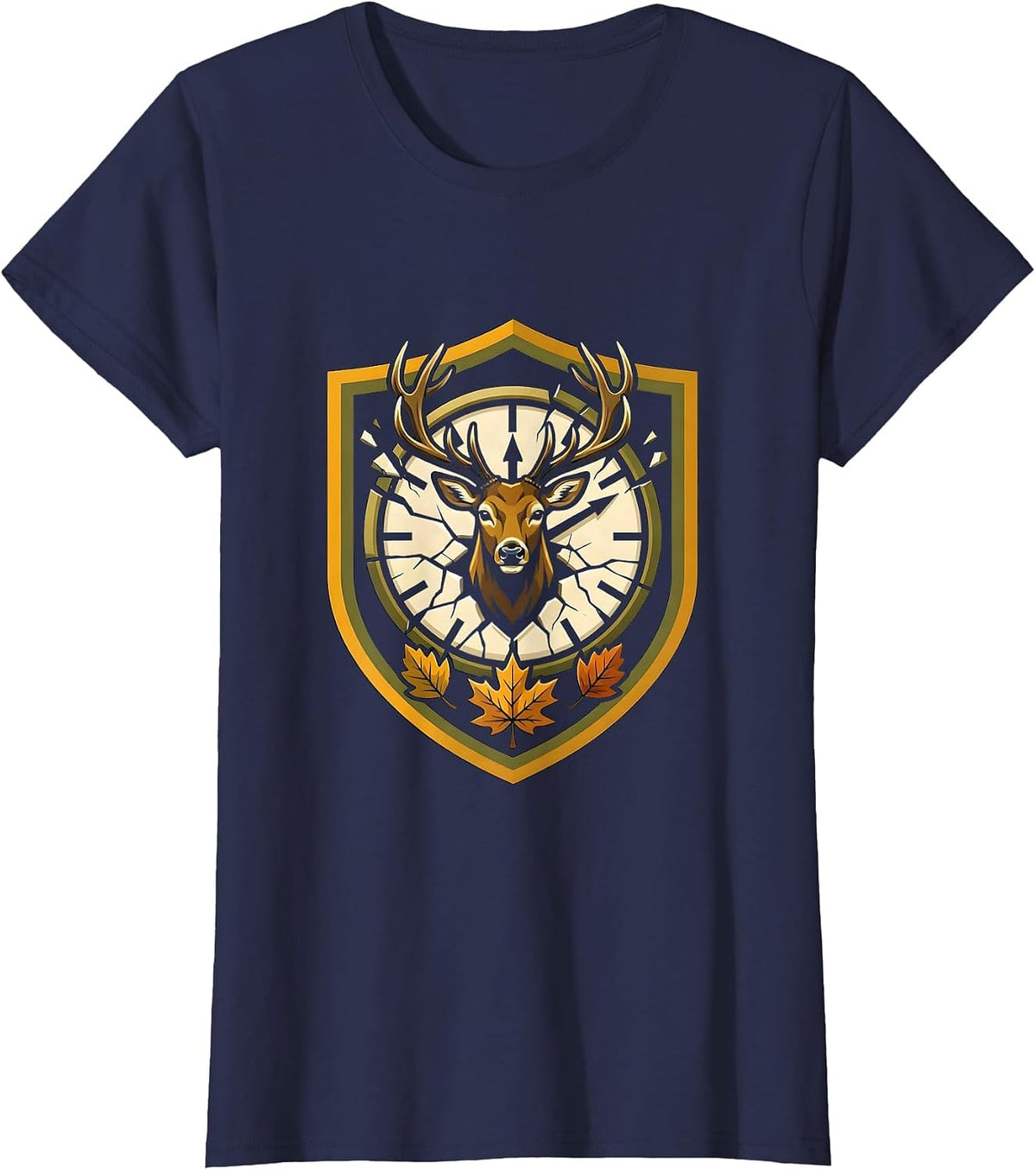 Women's Whitetail Buck Shield Emblem Funny Deer Hunting Hunter Dad T-Shirt - Navy Blue