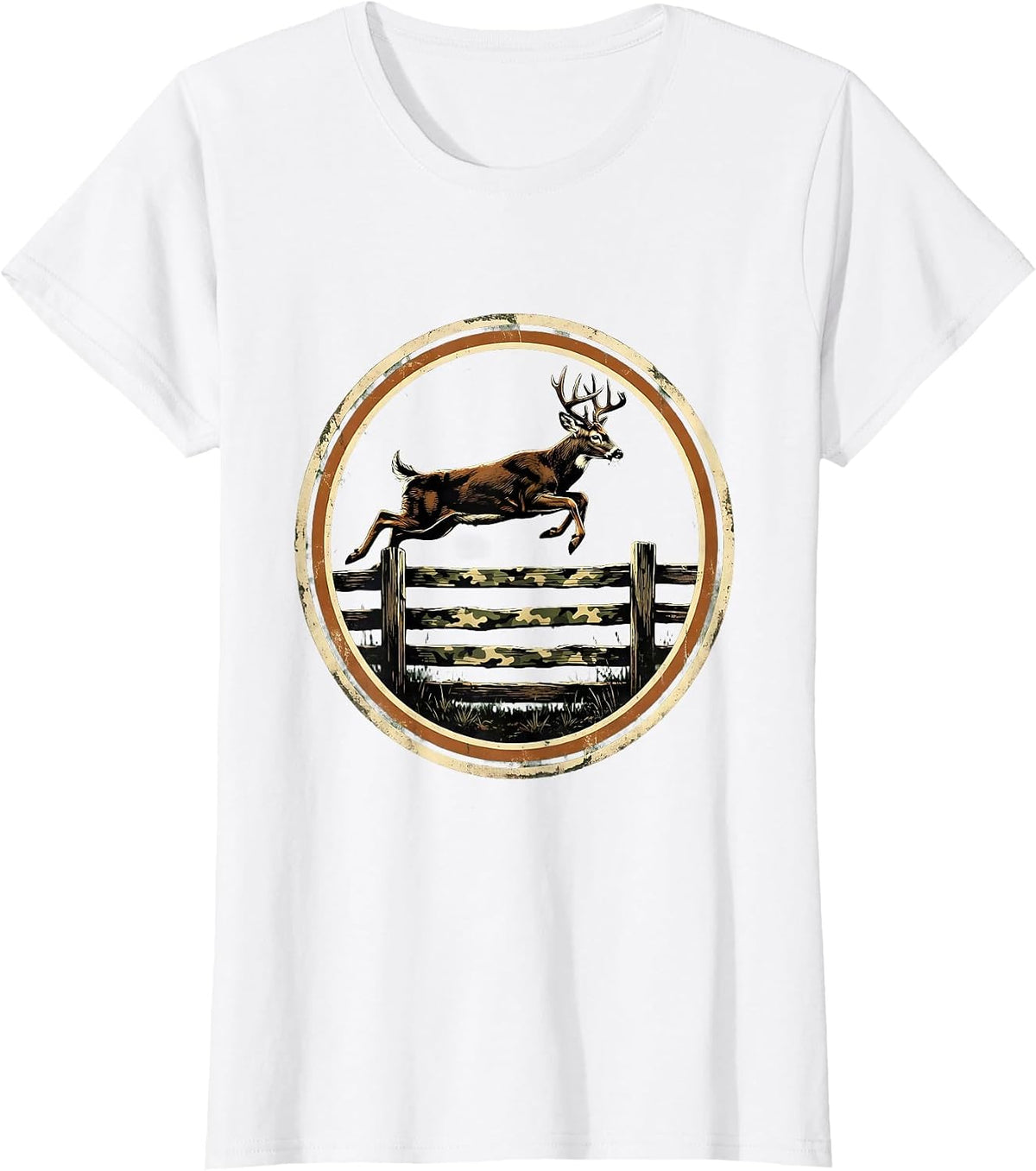 Buck Leaping Over Camo Fence Hunting Design T-Shirt - White