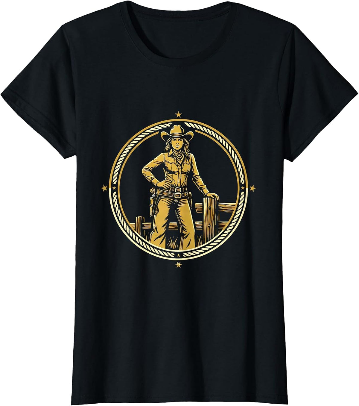 Sassy Cowgirl Leaning on Fence Post Graphic T-Shirt - Black