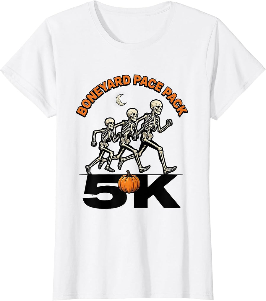 Women's Boneyard Pace Pack 5K Funny Halloween Skeleton Runner Race T-Shirt - White