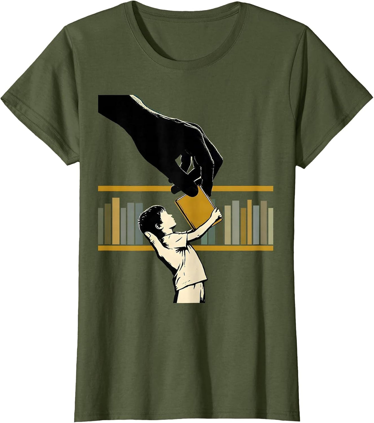 Women's Book Hand Gift Screenprint School Librarian Reader T-Shirt - Olive Green