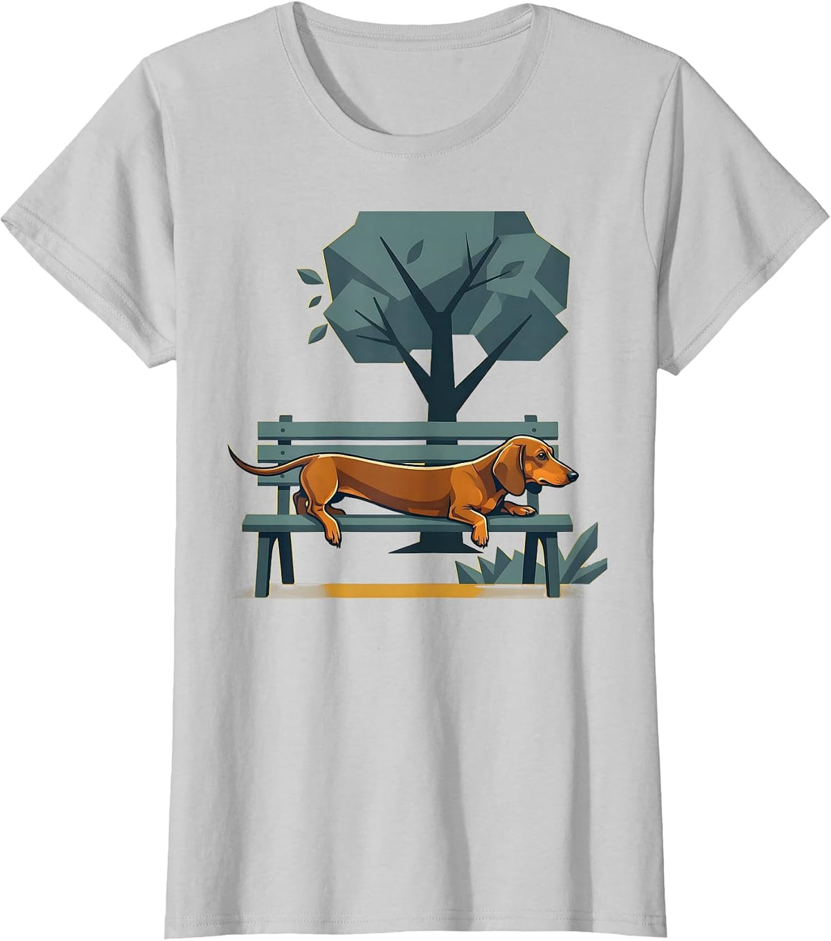 Dachshund Stretched Across Park Bench Illustration T-Shirt - Silver Grey
