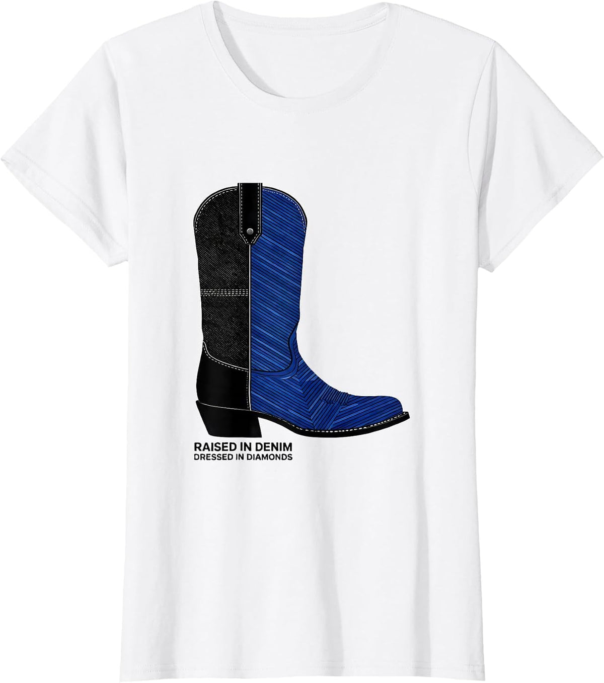 Raised In Denim Dressed In Diamonds Western Cowgirl Glam T-Shirt - White