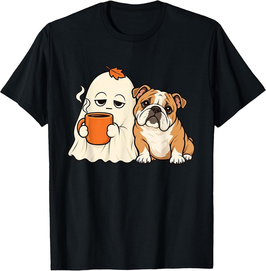 English Bulldog Cute Halloween Grumpy Ghost Coffee Lover T-Shirt - As Pictured