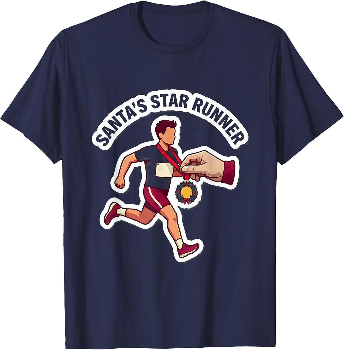 Men's Santa's Star Runner Funny Christmas Run 5K Squad T-Shirt - Navy Blue