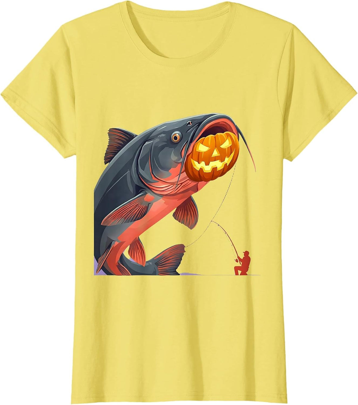 Halloween Monster Fish Catfish Angler Flat Vector T-Shirt - Lemon Yellow