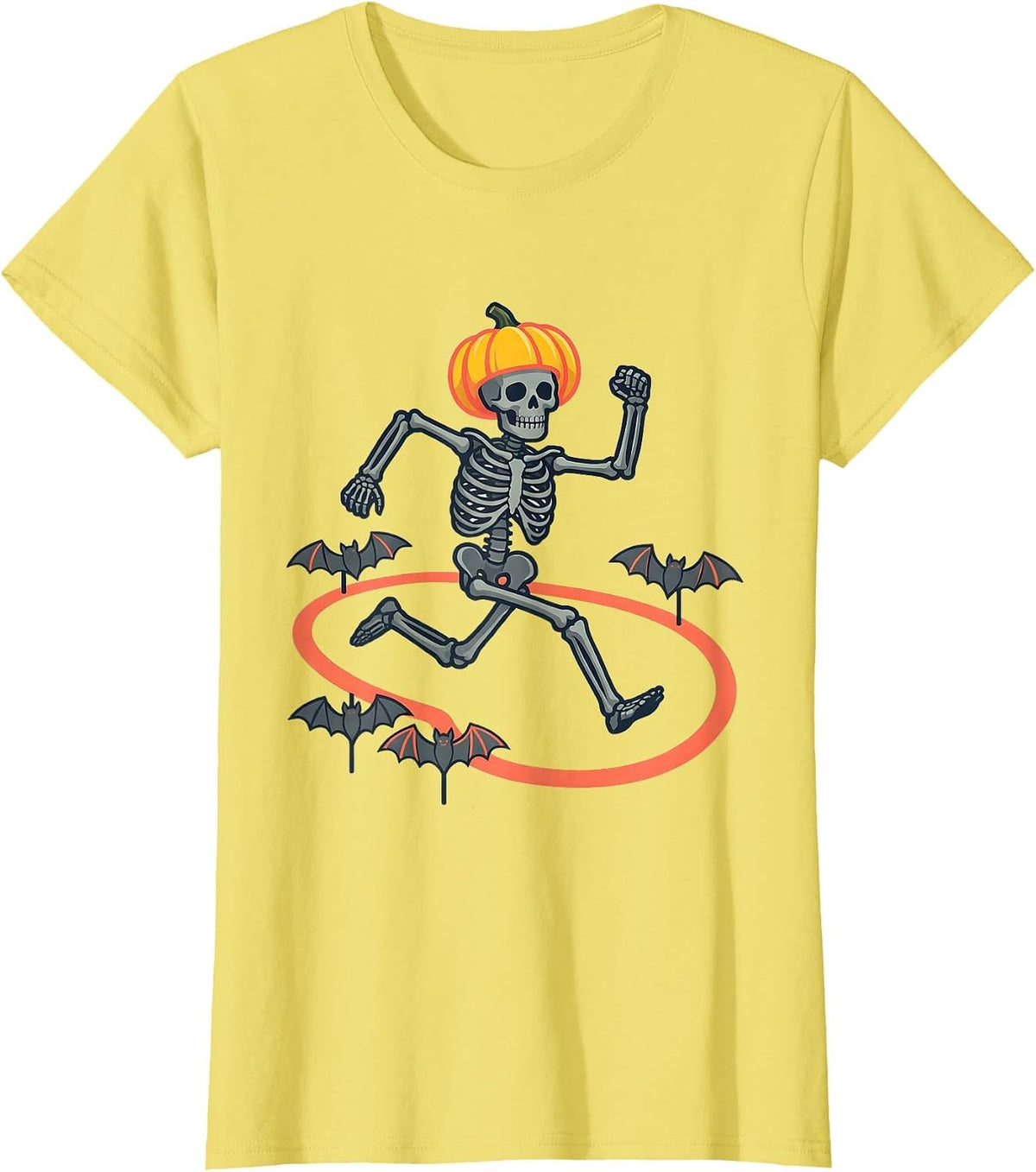 Cheerful Skeleton Runner Halloween 5K Fun Run T-Shirt - Lemon Yellow