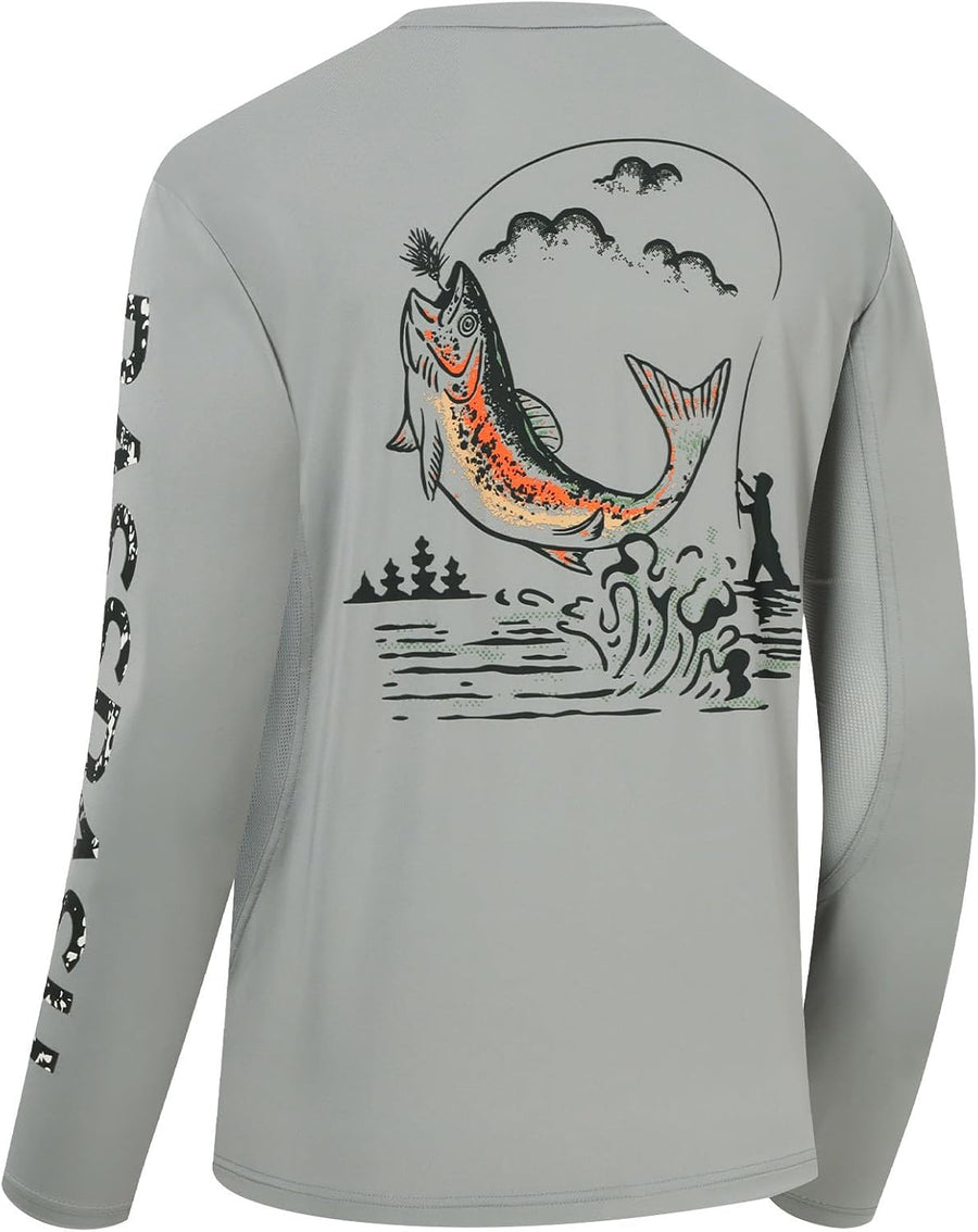 BASSDASH Men’s Graphic Shirts Long Sleeve Fishing Shirt UPF 50+ Moisture Wicking UV Sun Protection FS35M - Ash Grey\/Rainbow
