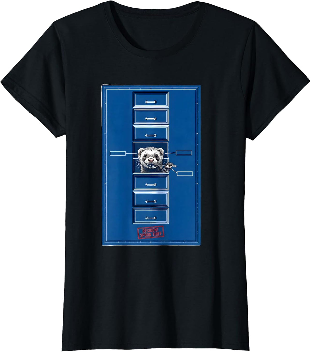 Resident Spoon Thief Technical Blueprint Ferret Lover Humor T-Shirt - Black