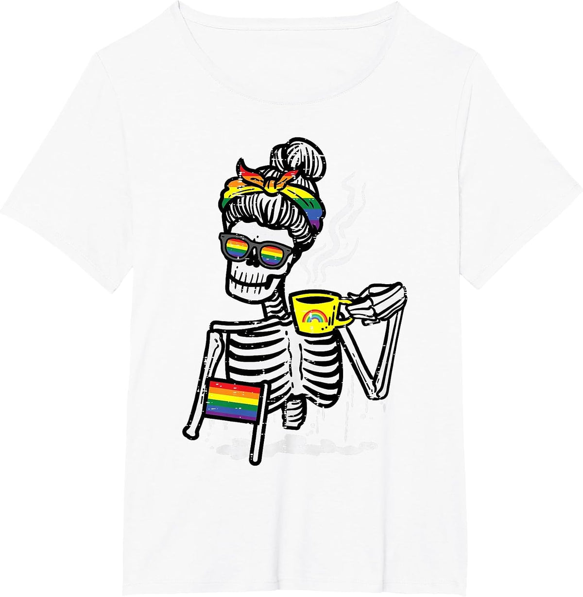 Gay Skeleton Messy Bun Coffee LGBT Pride Month Women Men T-Shirt - White