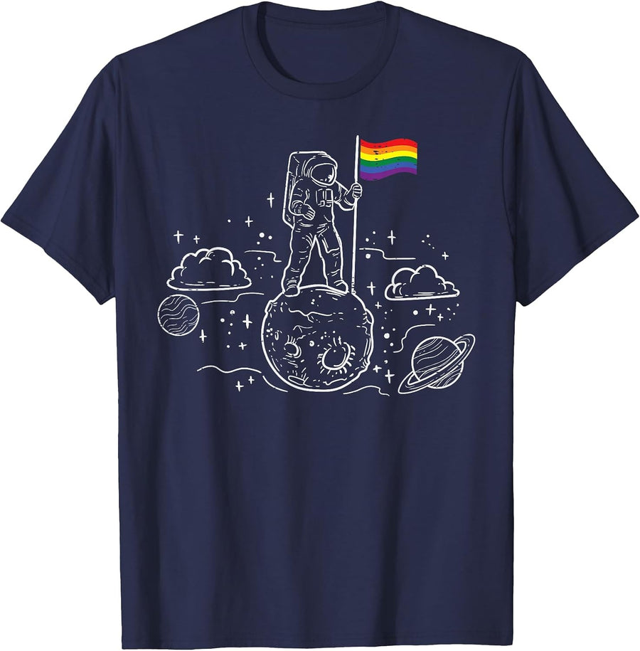 Astronaut Moon Rainbow Flag Space LGBTQ Gay Pride Ally T-Shirt - Navy Blue