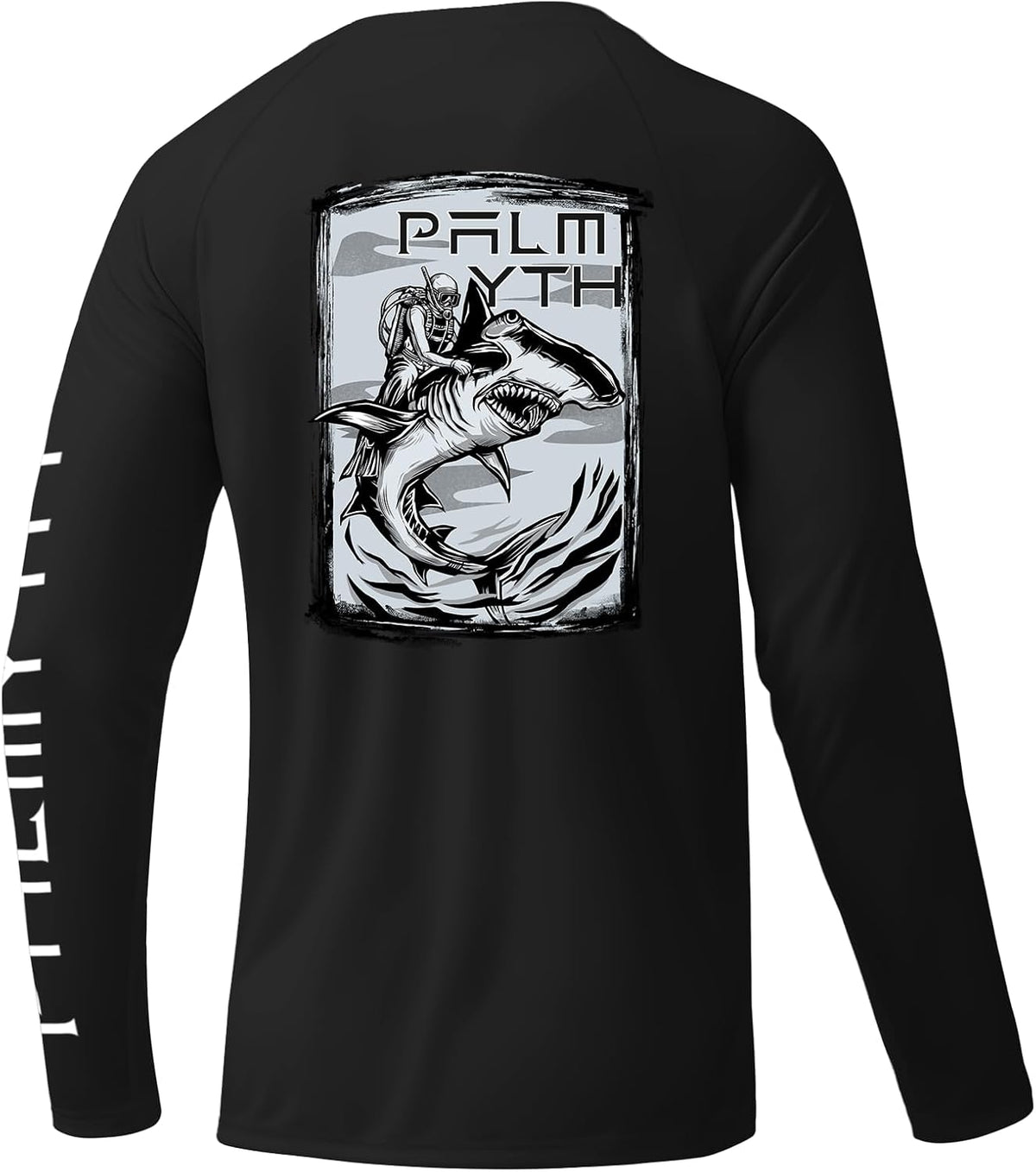 Palmyth Mens Fishing Shirts UPF 50+ Quick-Dry Long Sleeve T-Shirts - Black \/ Diver Shark