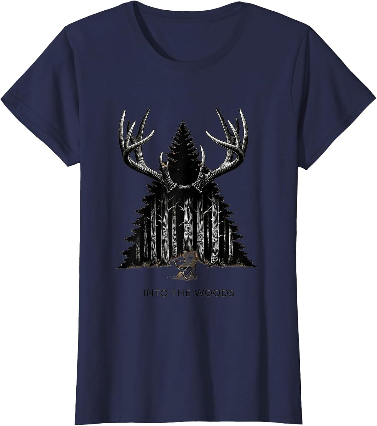 Women's Antler Rack Pine Ridge Funny Deer Hunter Woods Escapism T-Shirt - Navy Blue