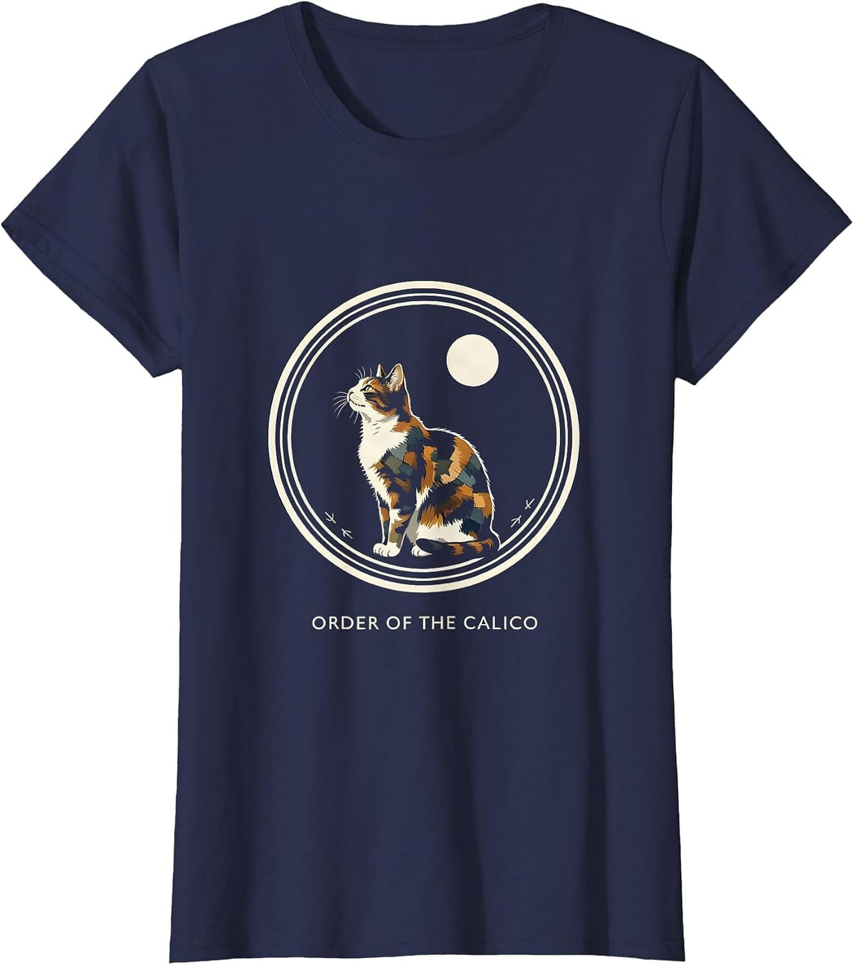 Women's Order Of The Calico Funny Calico Cat Howling At Moon Retro T-Shirt - Navy Blue