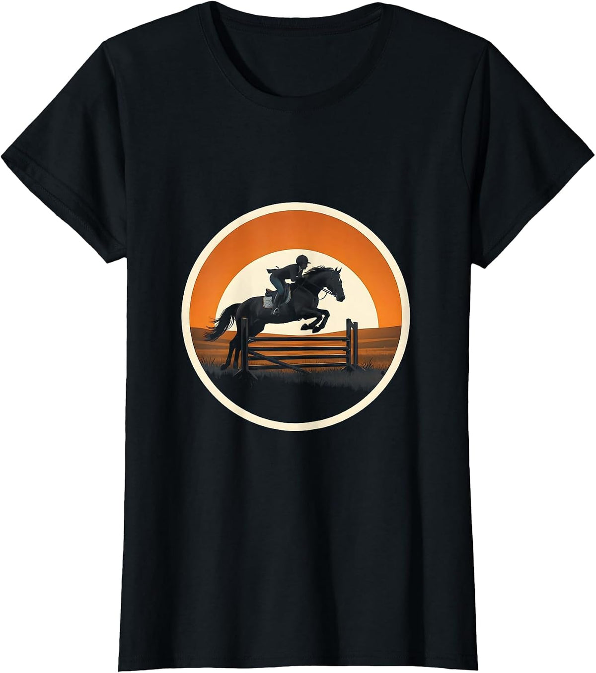 Show Jumper Soaring Over Fence Rails Equestrian T-Shirt - Black