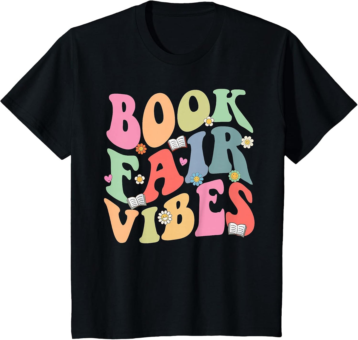 Library Book Fair Vibe Groovy Retro School Reading Nostalgic T-Shirt - Black