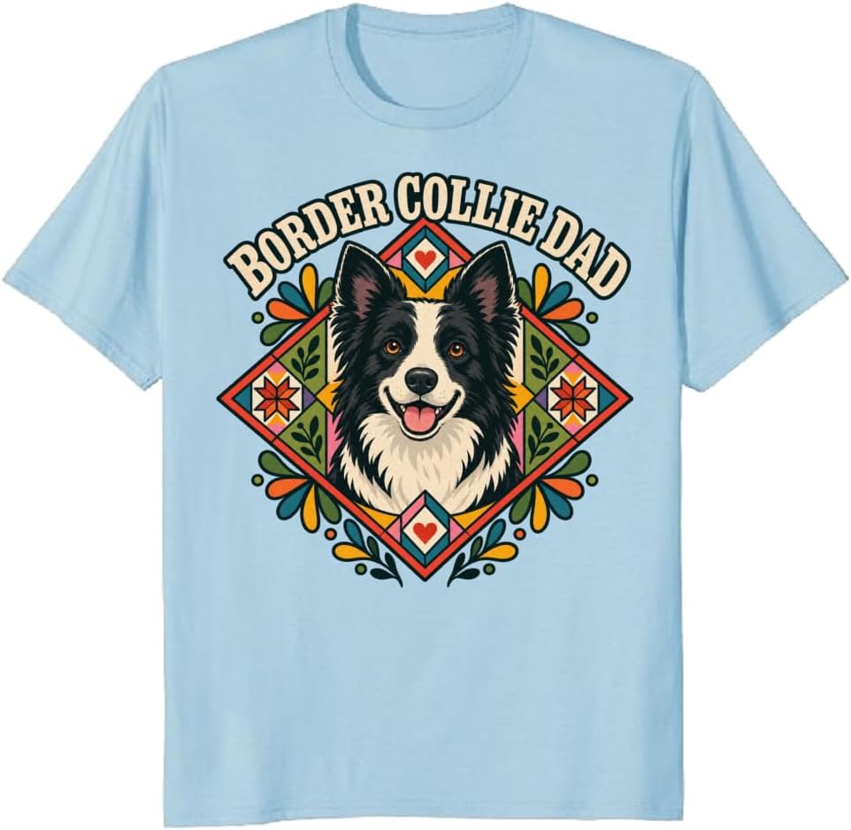 Border Collie Dad T-Shirt Retro Stained Glass Dog Portrait Tee - S5
