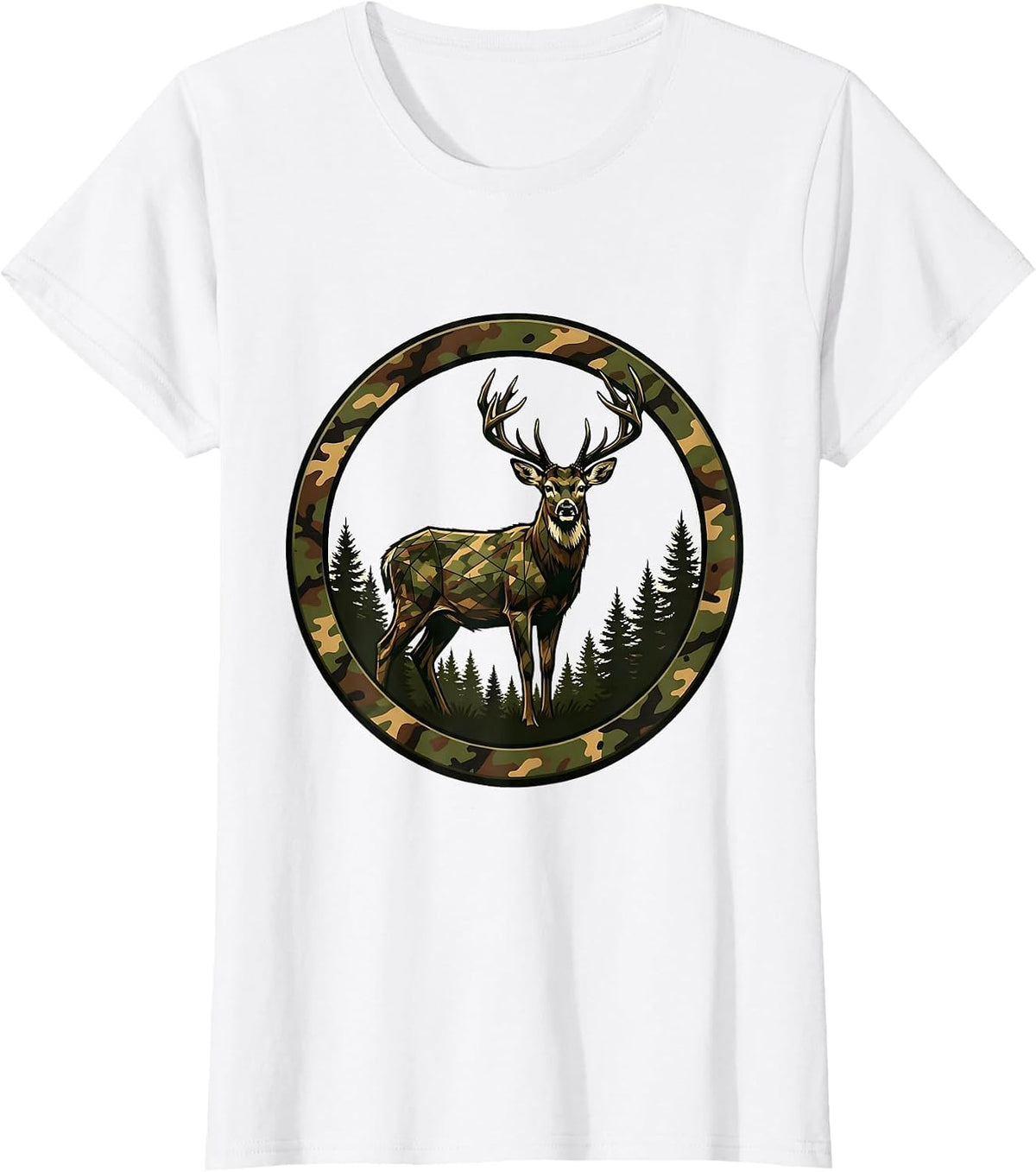 Women's Buck Deer Misty Camo Forest Hunting Graphic T-Shirt - White