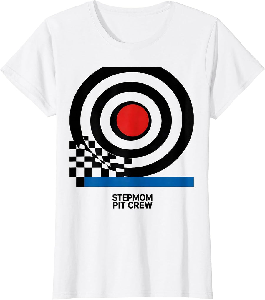Women's Stepmom Pit Crew Bauhaus Modernist Race Car Birthday Family T-Shirt - White