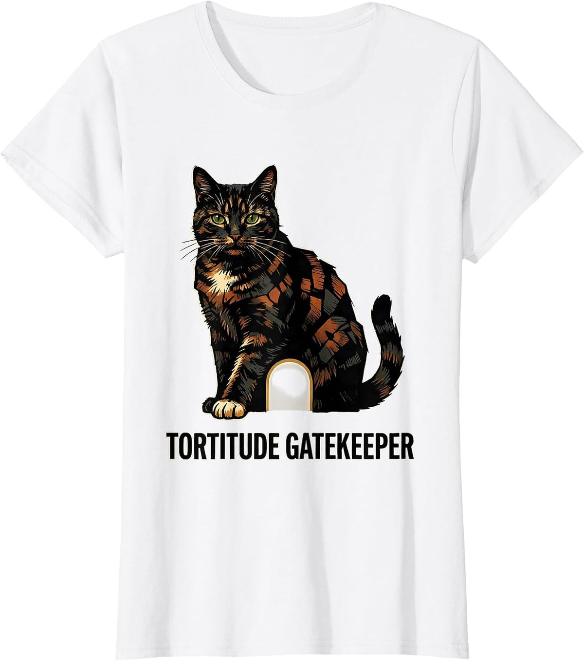 Tortitude Gatekeeper Linocut Tortoiseshell Cat Owner Humor T-Shirt - White