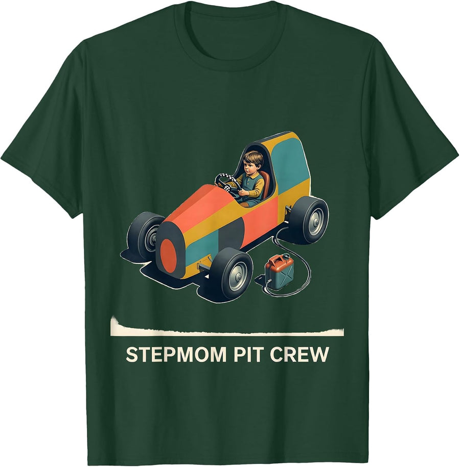 Men's Stepmom Pit Crew Midcentury Modern Race Car Birthday Party T-Shirt - Dark Green