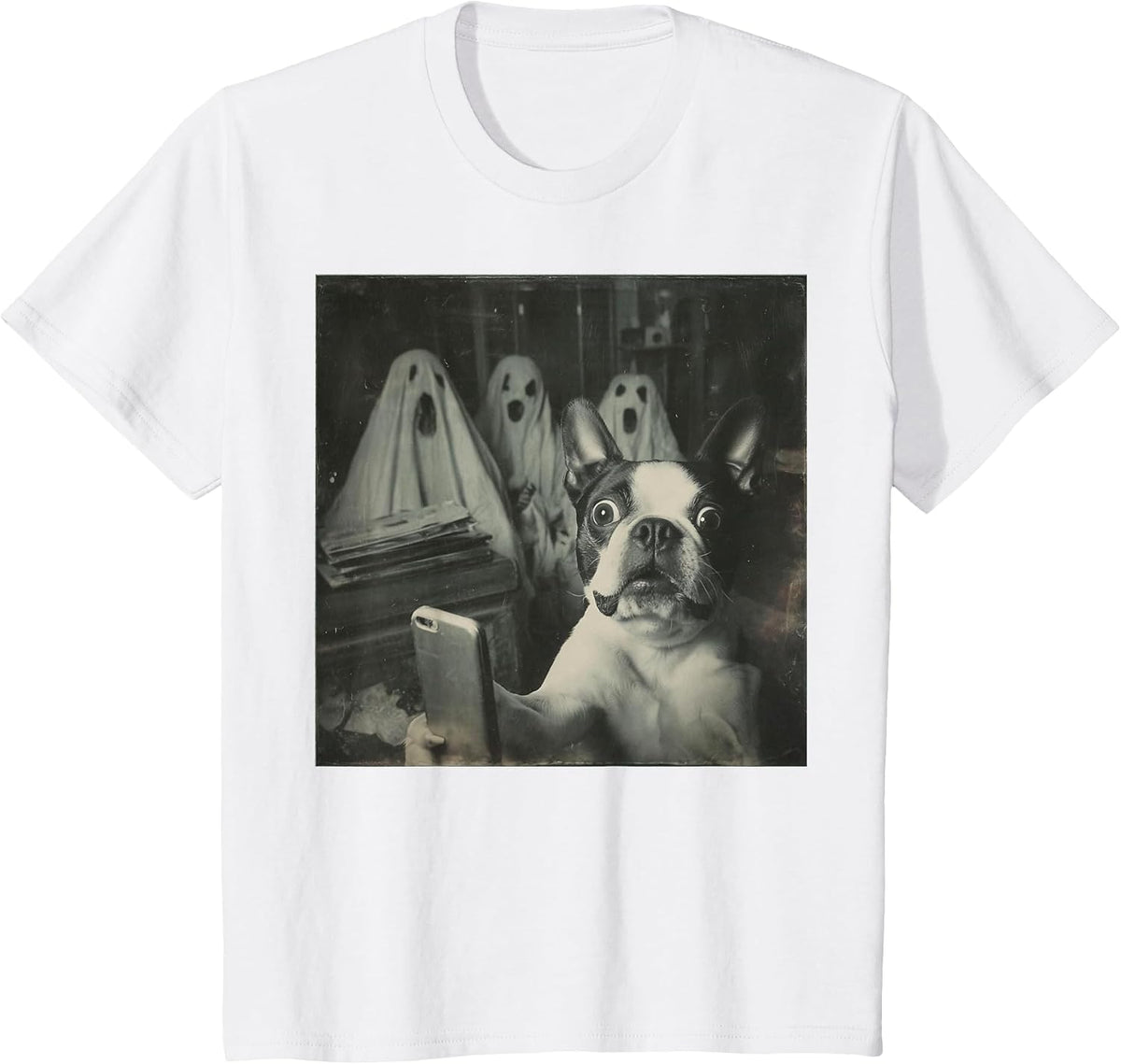 Funny Boston Terrier Selfie with Ghosts, Halloween Dog Lover T-Shirt - White