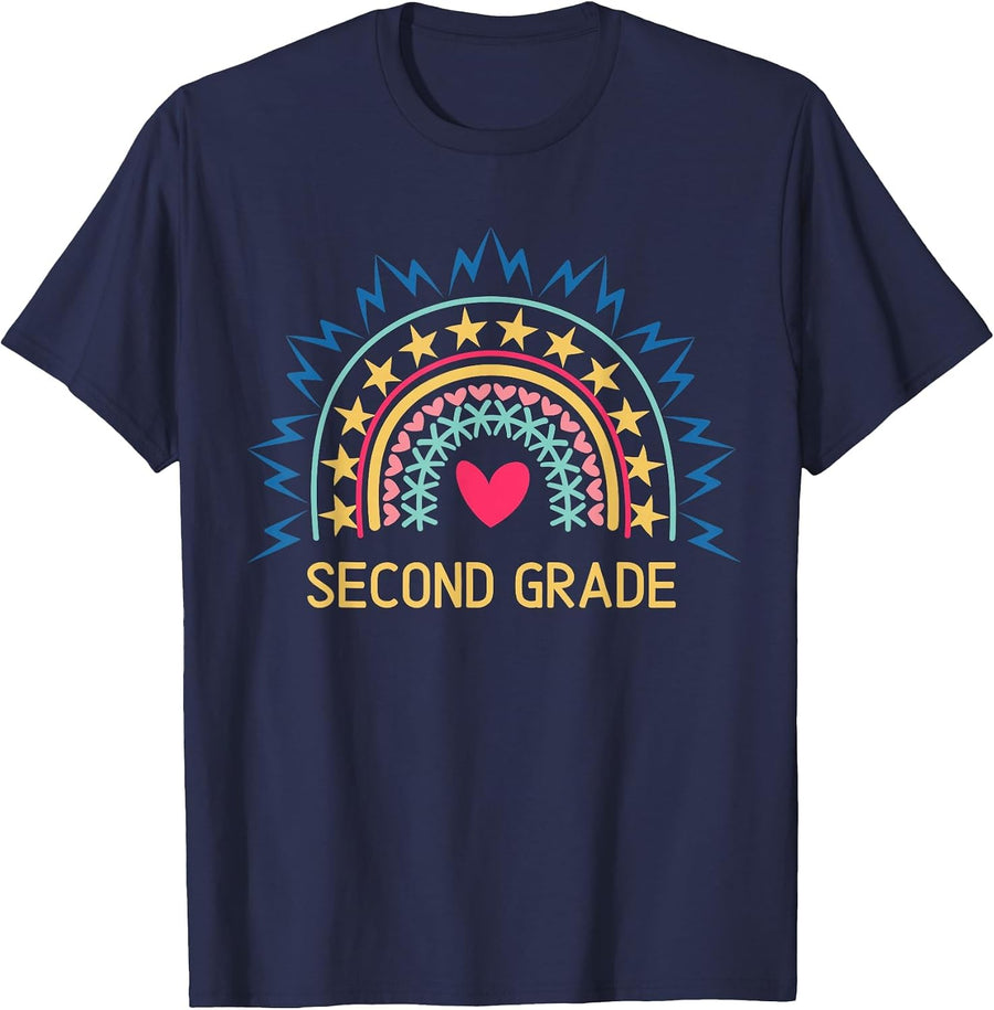 2nd Grade Teacher Rainbow Design Second Grade T-Shirt - Navy Blue