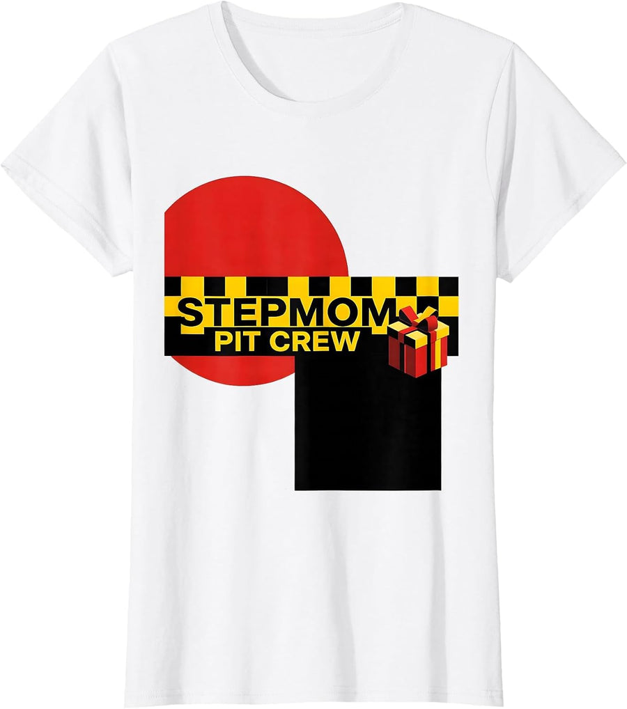 Women's Stepmom Pit Crew Bauhaus Modernist Race Car Birthday Party T-Shirt - White
