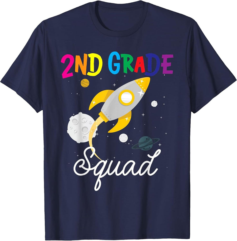 2nd Grade Squad Second Grade Team Rocket Back to School Crew T-Shirt - Navy Blue