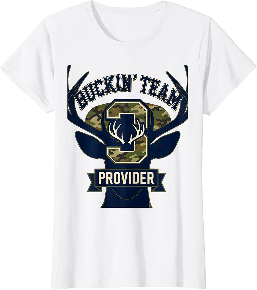 Women's Buckin' Team Provider Sports Humor Hunting Dad Camo T-Shirt - White