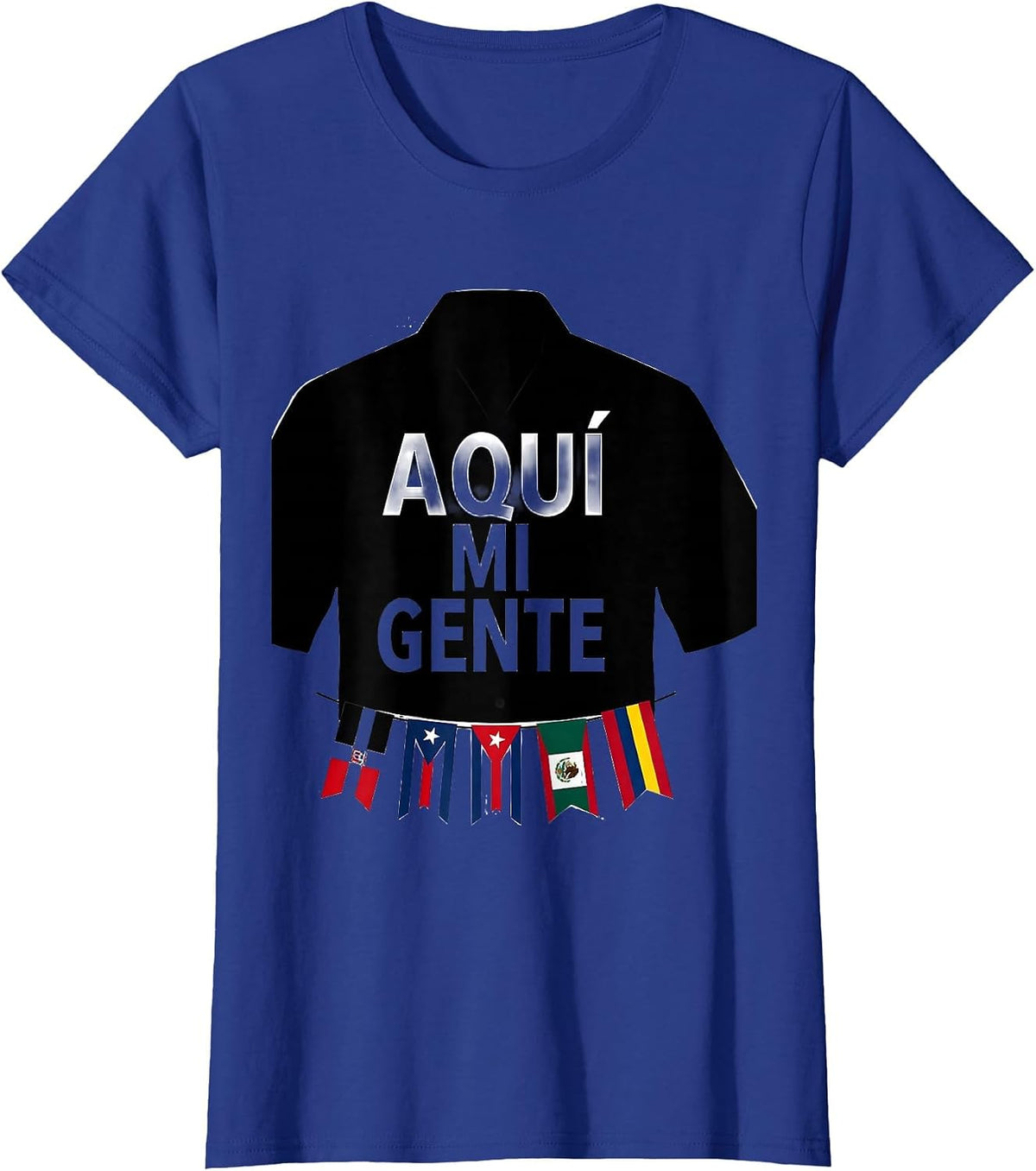 Women's Aquí Mi Gente Hispanic Heritage Month Multi-Flag Pride T-Shirt - Royal Blue