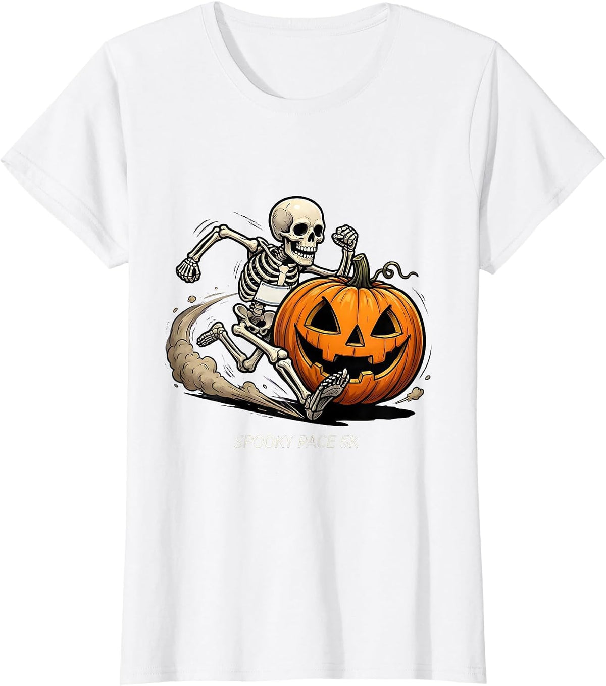 Spooky Pace 5K Cartoon Skeleton Runner Halloween Fun Run T-Shirt - White