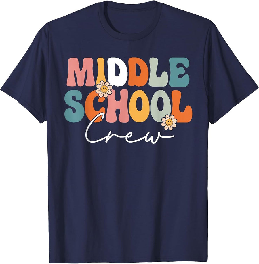 Middle School Crew Team Retro Groovy Vintage Back to School T-Shirt - Navy Blue