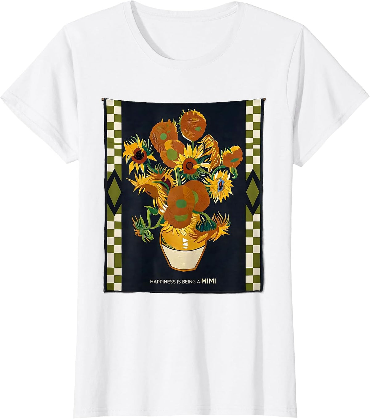 Women's Happiness Is Being A Mimi Contemporary Tapestry Sunflower T-Shirt - White