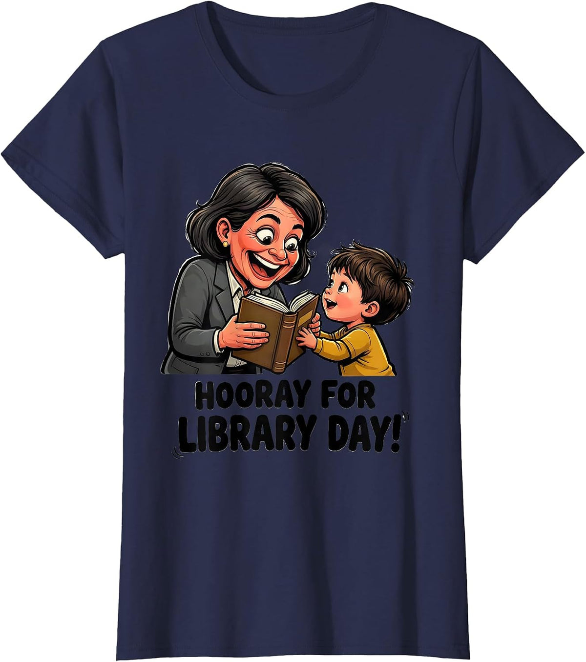 Women's Hooray For Library Day Cartoon Librarian Book Lover School T-Shirt - Navy Blue