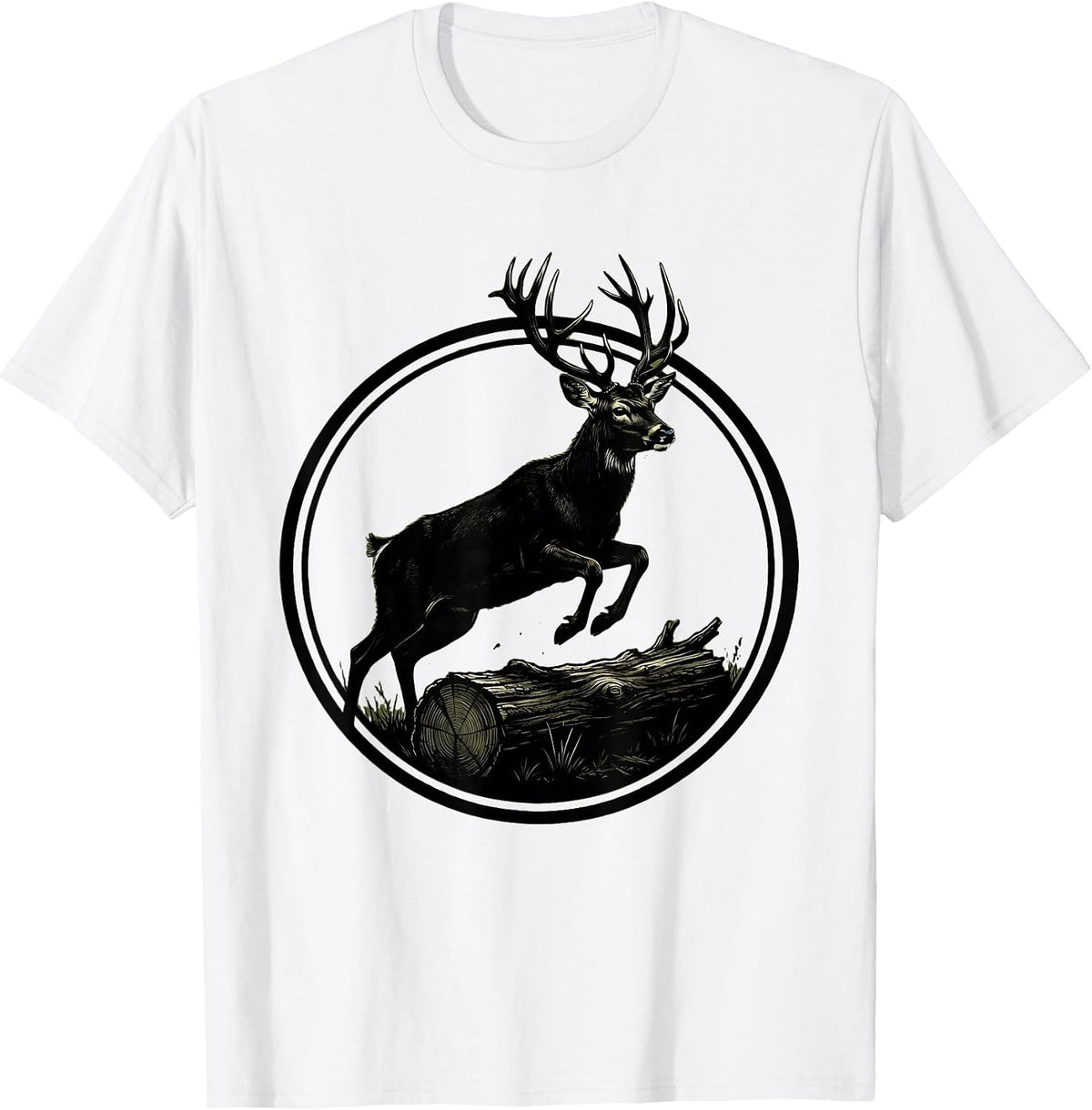 Men's Camo Buck Deer Leaping Over Fallen Log T-Shirt - White