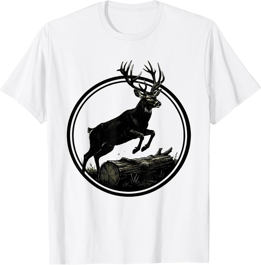Men's Camo Buck Deer Leaping Over Fallen Log T-Shirt - White