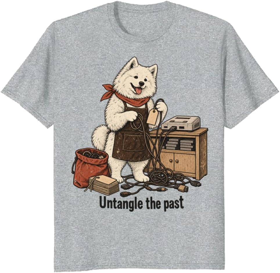 Gamer Dog T-Shirt Retro Samoyed Cable Organizer Graphic Tee - S5