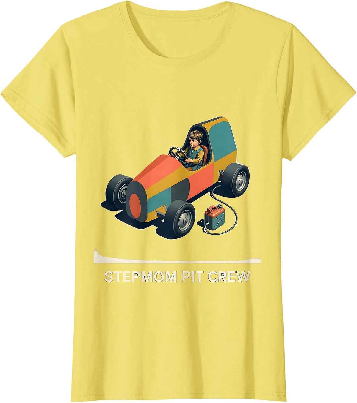 Women's Stepmom Pit Crew Midcentury Modern Race Car Birthday Party T-Shirt - Lemon Yellow