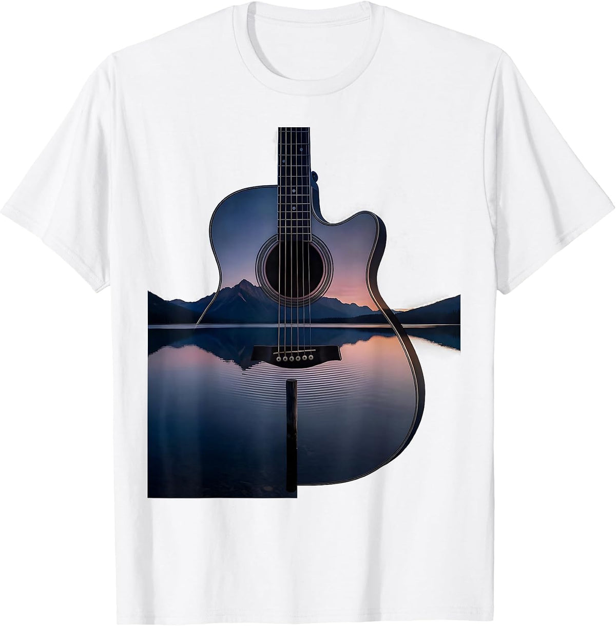 Men's Acoustic Guitar Lake Silhouette Vintage Guitarist Humor T-Shirt - White
