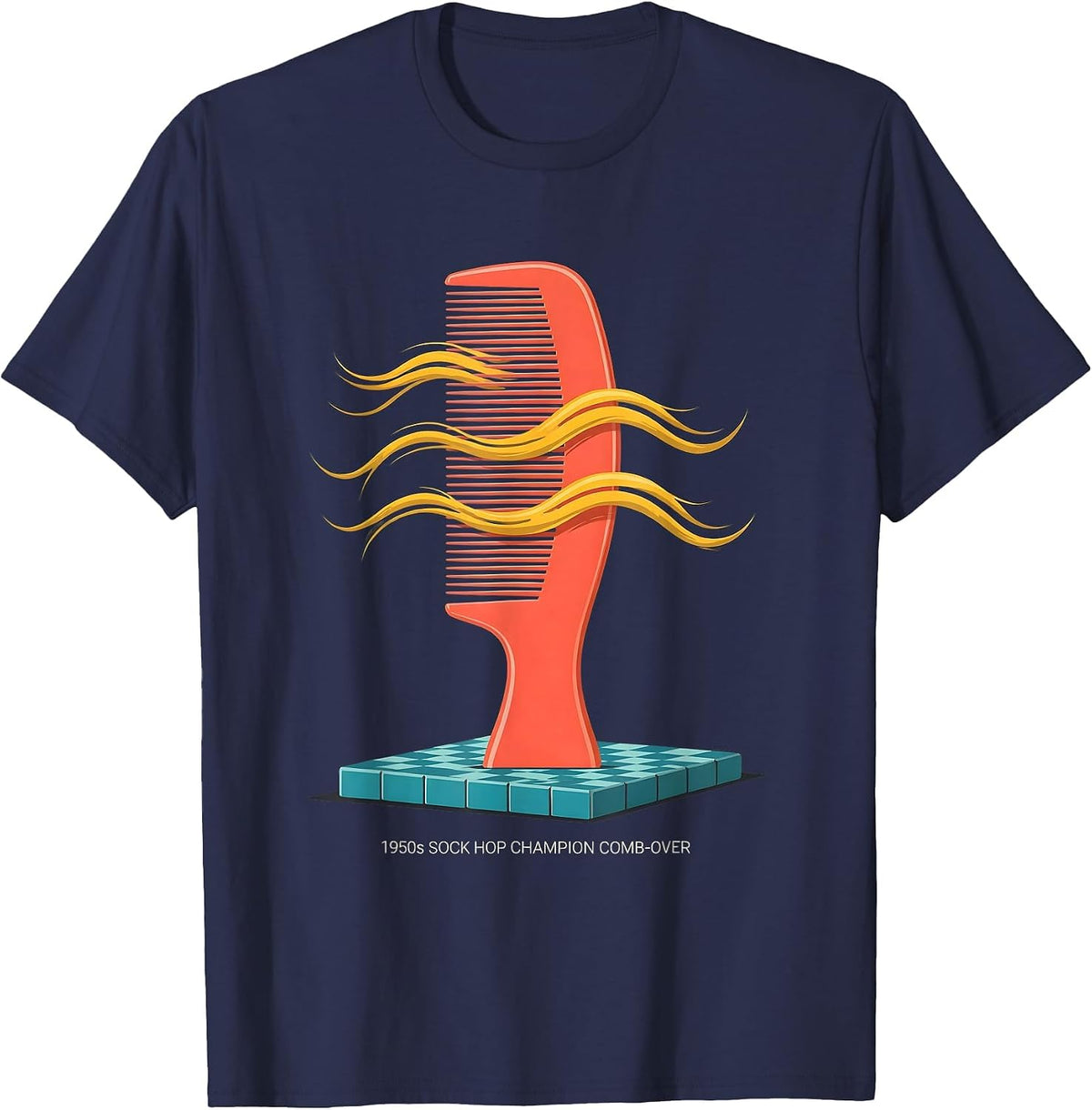 1950s Sock Hop Champion Comb-Over Retro Rockabilly Party T-Shirt - Navy Blue