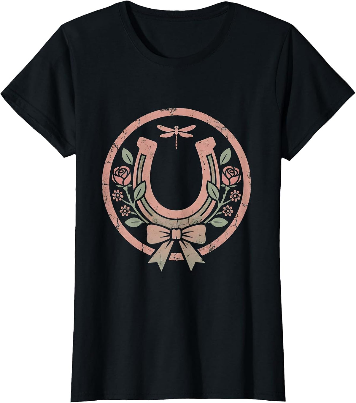 Women's Rhinestone Horseshoe with Roses Country Music Design T-Shirt - Black