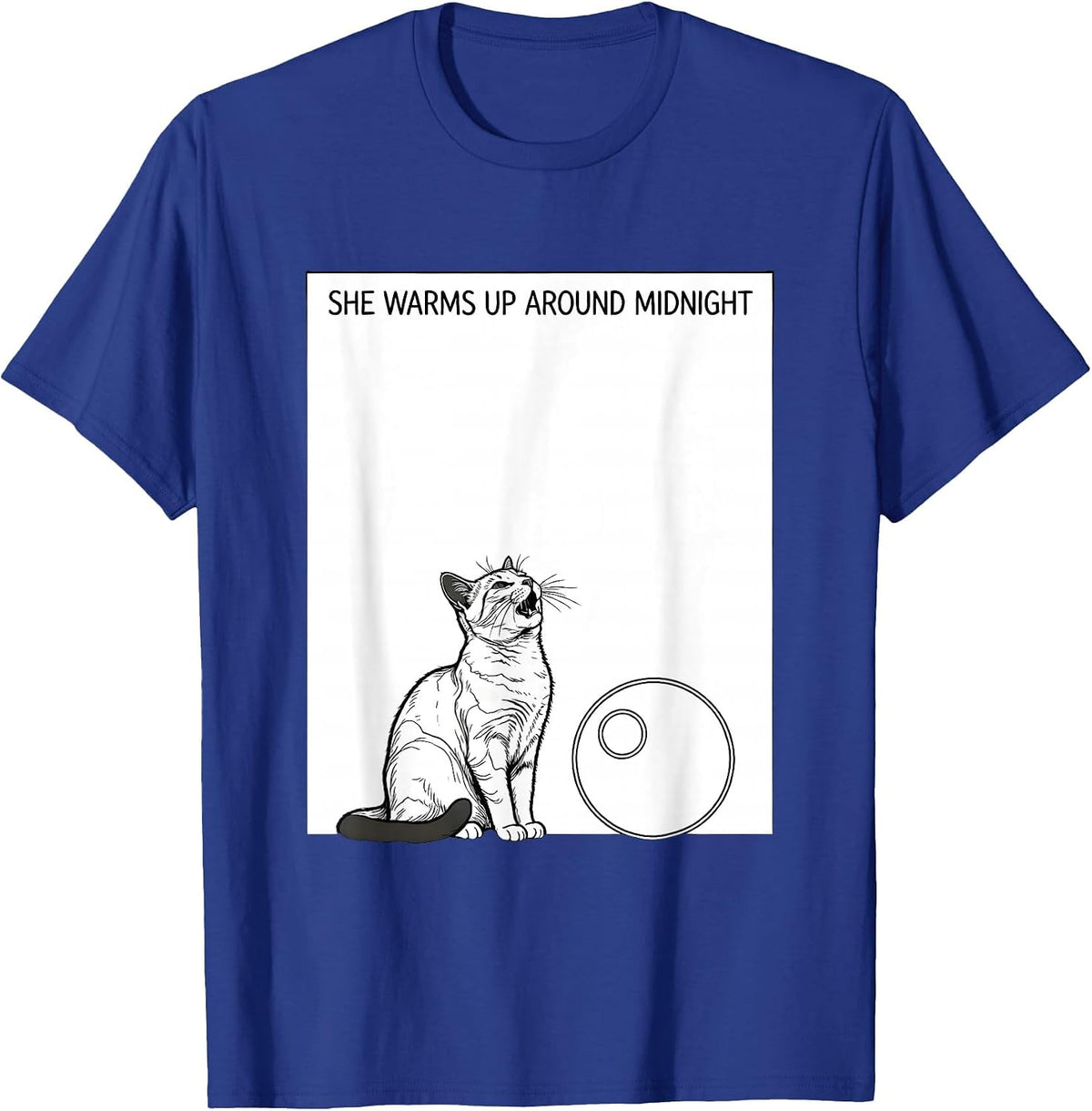 She Warms Up Around Midnight Line Art Cat Howling at Moon T-Shirt - Royal Blue