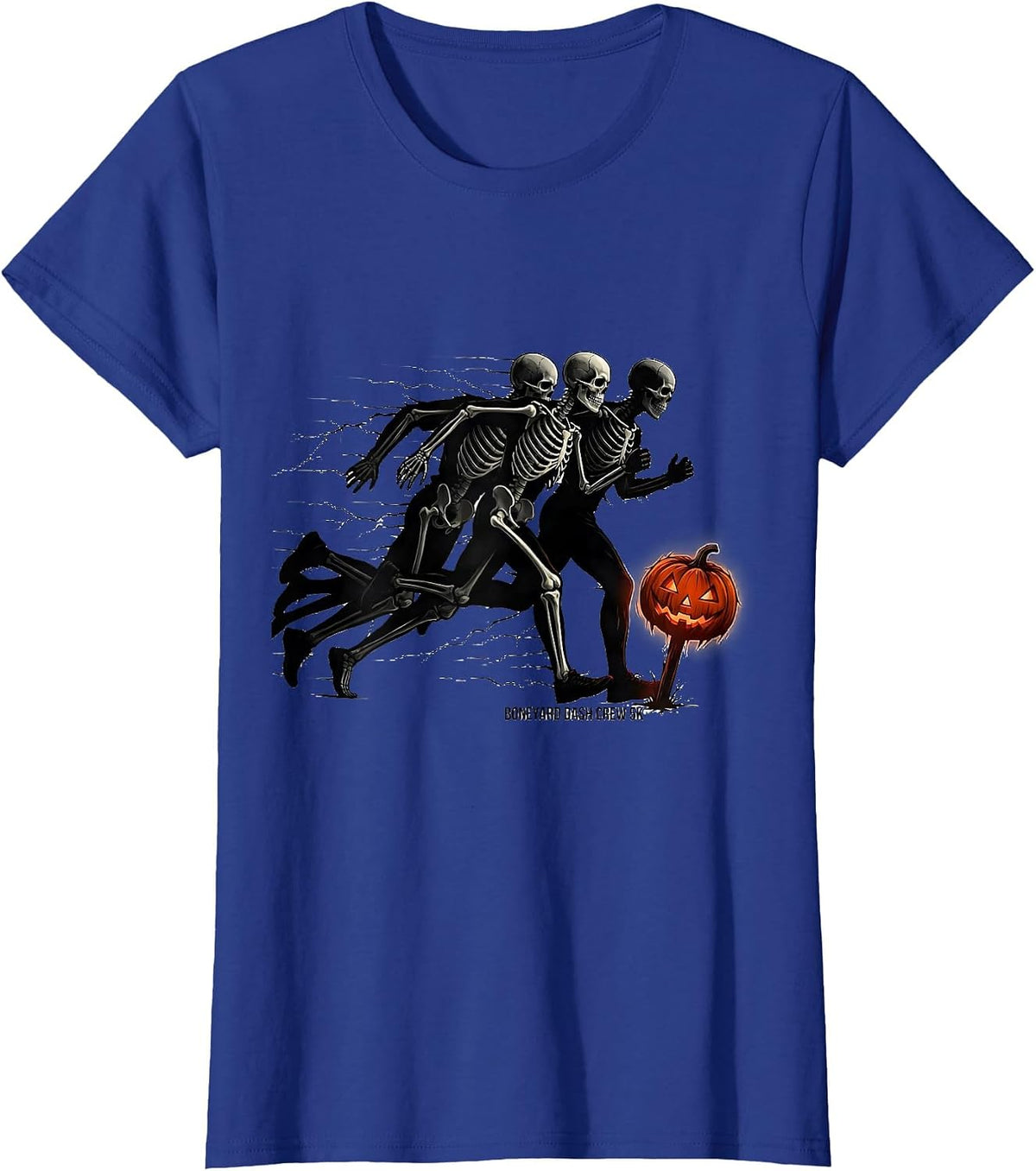 Women's Boneyard Dash Crew 5K Horror Skeleton Runner Halloween Fun T-Shirt - Royal Blue