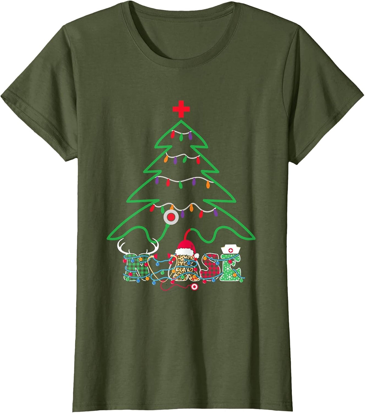 Stethoscope Christmas Tree Nurse Christmas Scrub Top Xmas T-Shirt - Olive Green