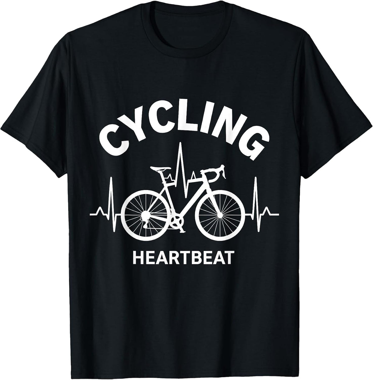 Men's Cycling Heartbeat Monochromatic Bicycle Pulse Line T-Shirt - Black