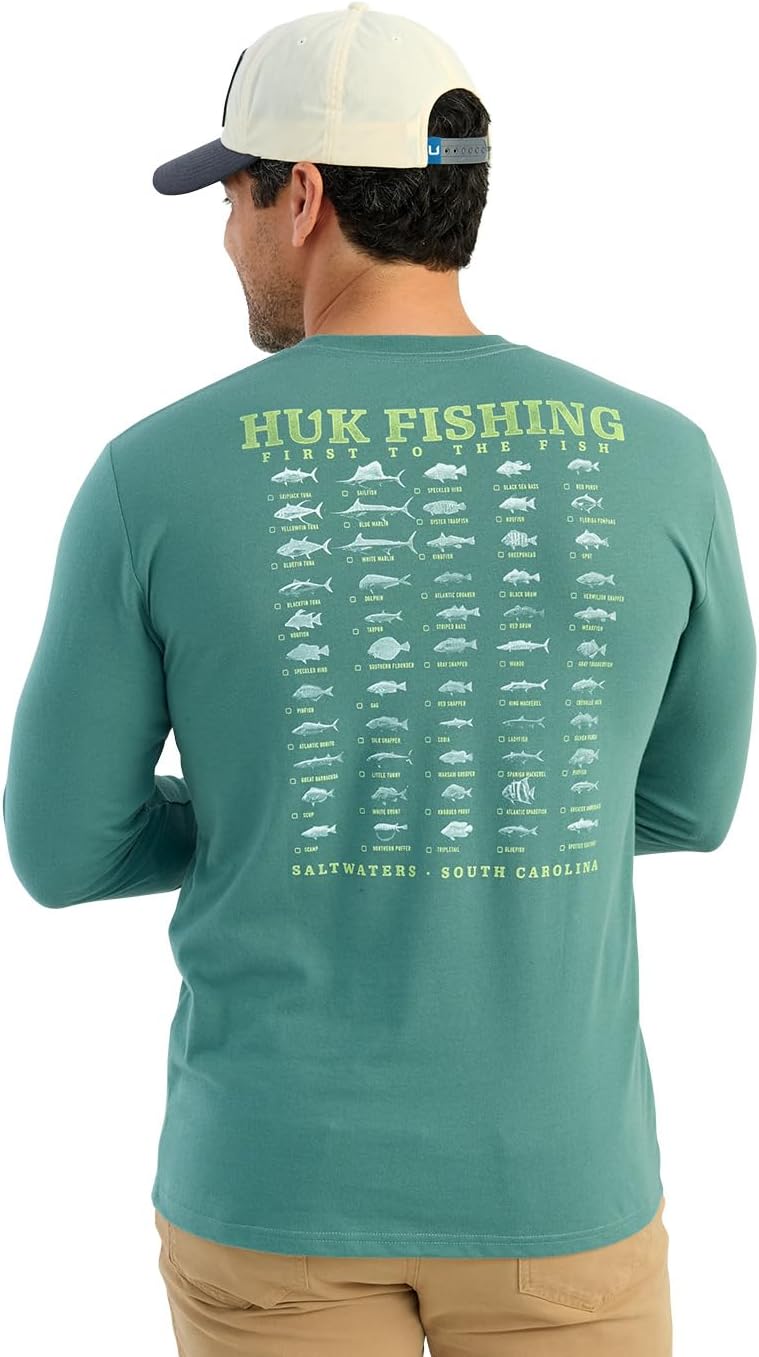 HUK Men's Pocket Tee, Comfortable Performance Fishing Long Sleeve T-Shirt with Chest Pocket - Saltwater Fish - North Atlantic