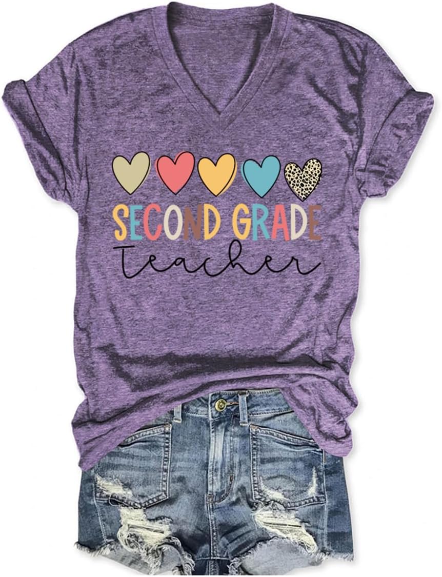 Second Grade Teacher Shirt Women 2nd Grade Teacher Tshirts Back to School T Shirt V Neck Short Sleeve T-Shirts - Purple