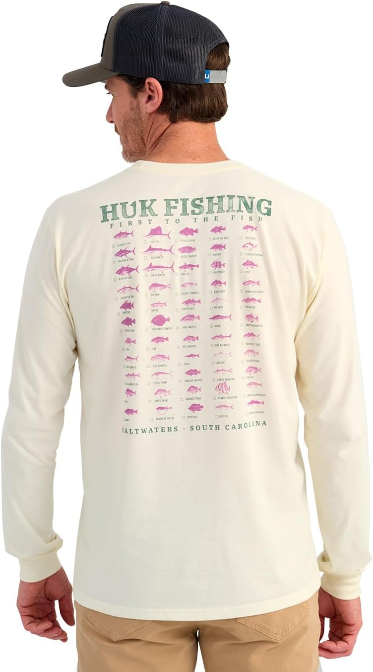 HUK Men's Pocket Tee, Comfortable Performance Fishing Long Sleeve T-Shirt with Chest Pocket - Saltwater Fish - Egret