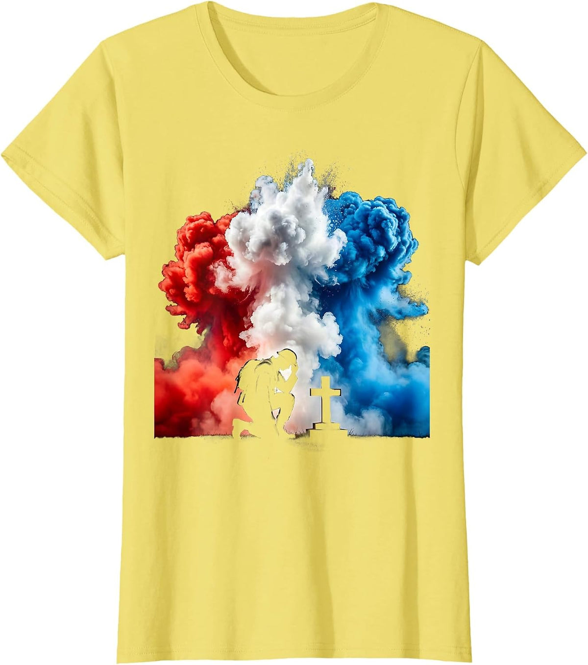 Soldier Kneeling at Memorial Grave Marker T-Shirt - Lemon Yellow